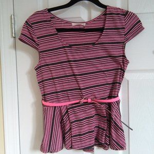 Ardene Dark Grey and Pink Striped Peplum Top w. Be